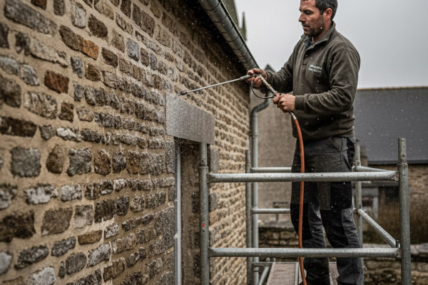 Pulvérisation de produit de traitement anti mousse sur mur et toit