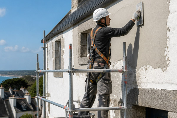 Application d'enduit et de peinture protectrice sur façade